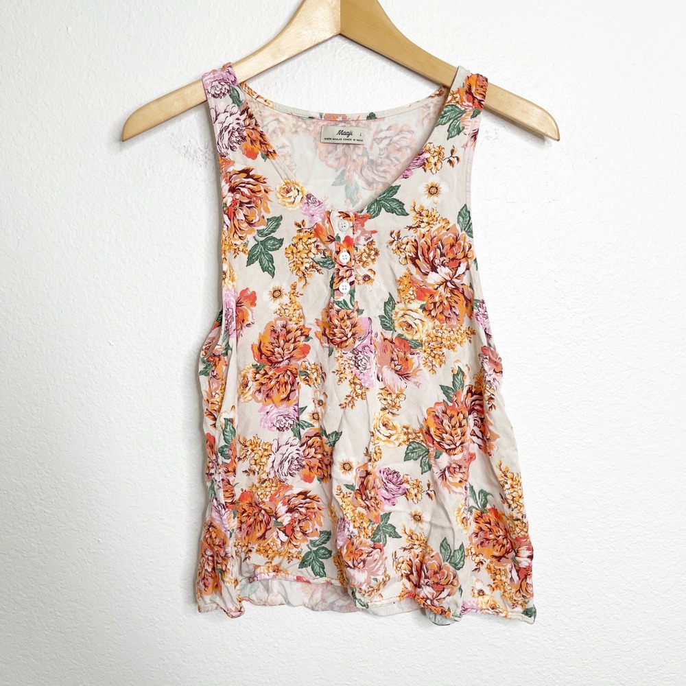Maaji Womens Floral Henley Tank Top Cream Orange Pink Sleeveless Size L